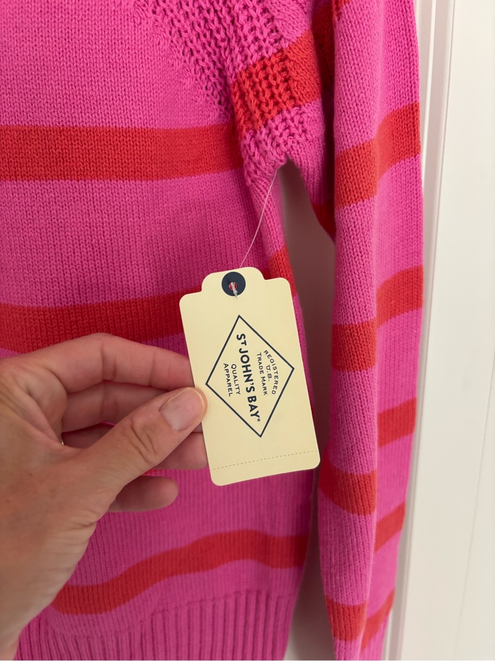 Women’s St. John’s Bay pink red striped crewneck Sweater size small NWT. - Picture 4 of 5